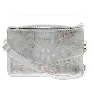 Grand Pelle Crocodile Embossed Leather White Flap Purse with Crossbody Strap